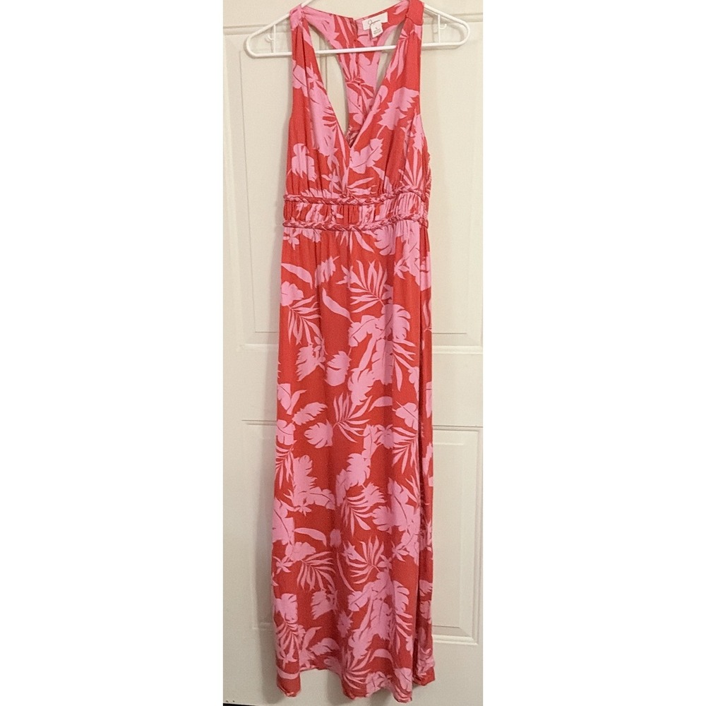 Jopna Tropical Palm Leaf Maxi Dress Pink Red‎ Racerback Sleeveless Rayon Large